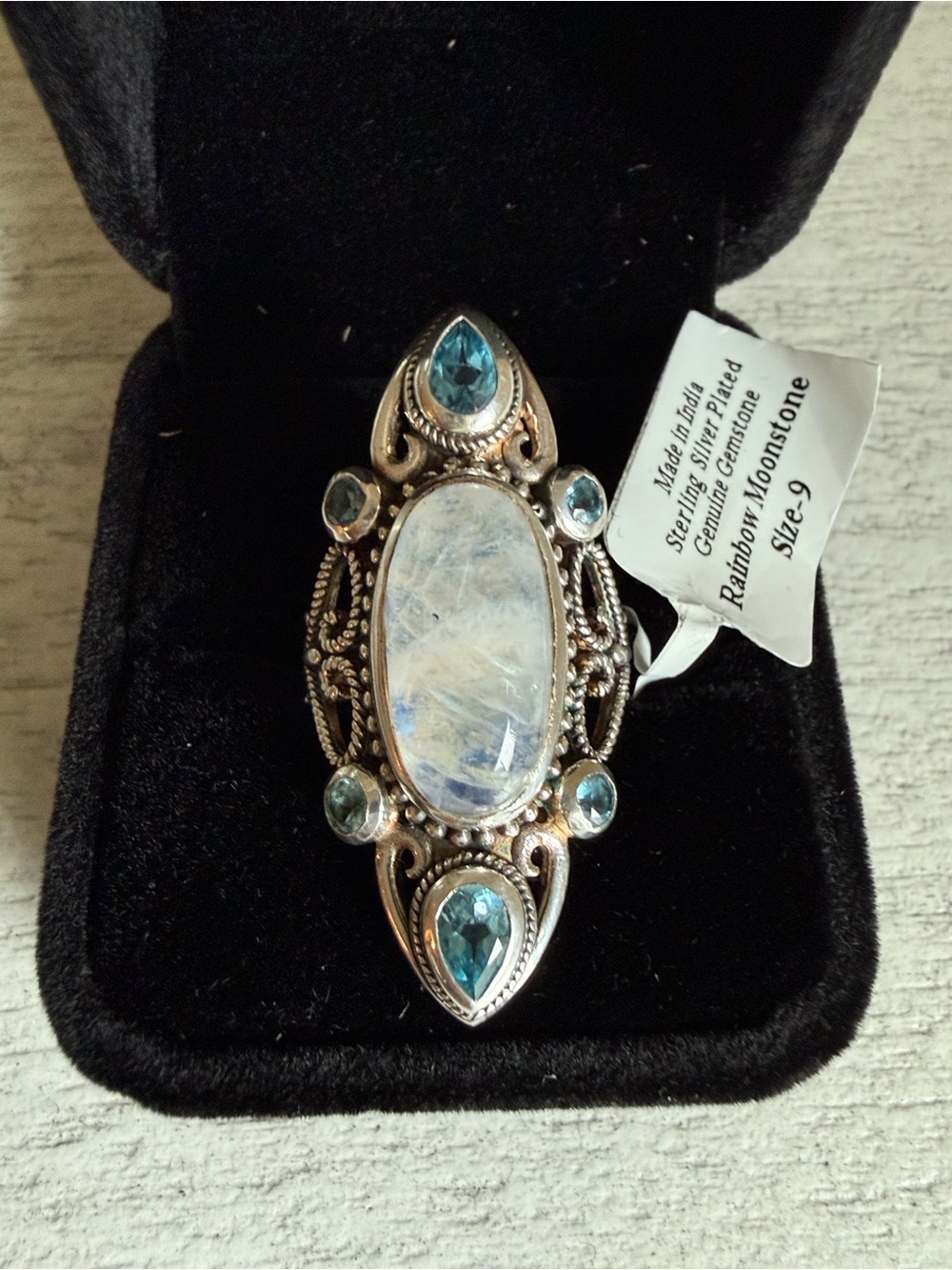 Sterling Silver-Plated Moonstone and Blue Topaz Marquise Ring - Picture 3 of 5